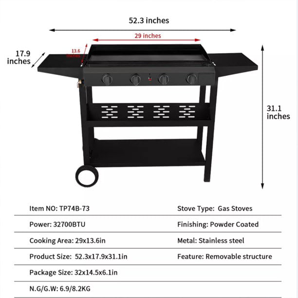 SUGIFT 4-Burner 30inch Griddle Propane Gas Grill, Black