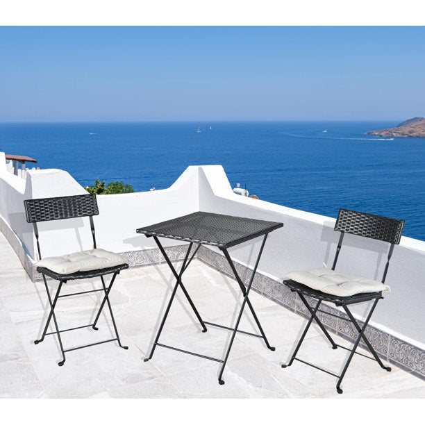 SUGIFT Folding Bistro Set One Table With Two Chairs And Two Beige Cushion Patio Beach Pool Black PE Wicker