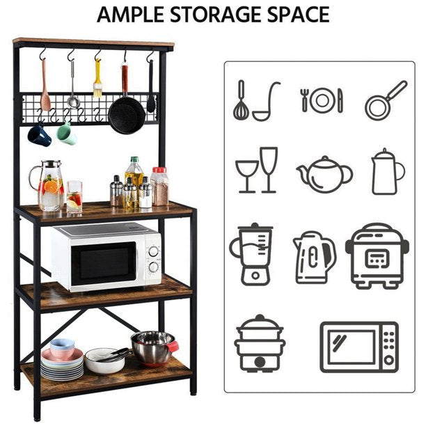 SUGIFT Bakers Rack for Kitchen, 4 Tier Microwave Stand with Storage, Multifunctional Baker's Rack with 8 Hooks, Wooden Kitchen Storage Shelf