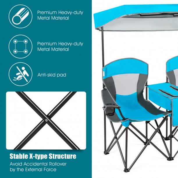 Portable Folding Camping Canopy Chairs 2 Seat Chair with Cup Holder and Tent