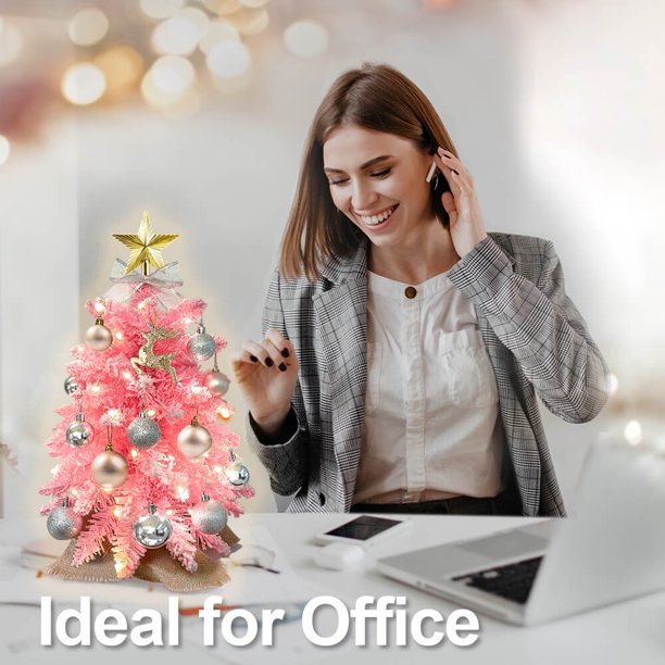 SUGIFT Exquisite Christmas Tree with Lights, 2ft Small Tabletop Mini Pink Artificial Xmas Tree with Christmas Ornaments