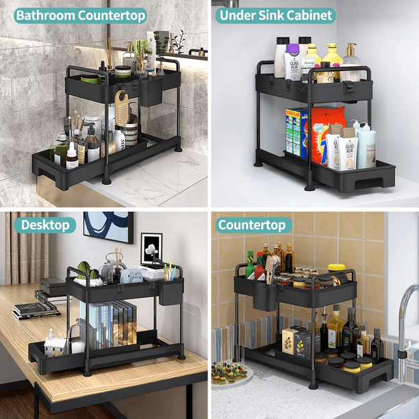 SUGIFT Under Sink Organizer, 2 Pack Bathroom Cabinet Organizer, 2 Tier Sliding Cabinet Basket Organizer Drawer, Multi-Purpose Bath Collection Baskets for Bathroom