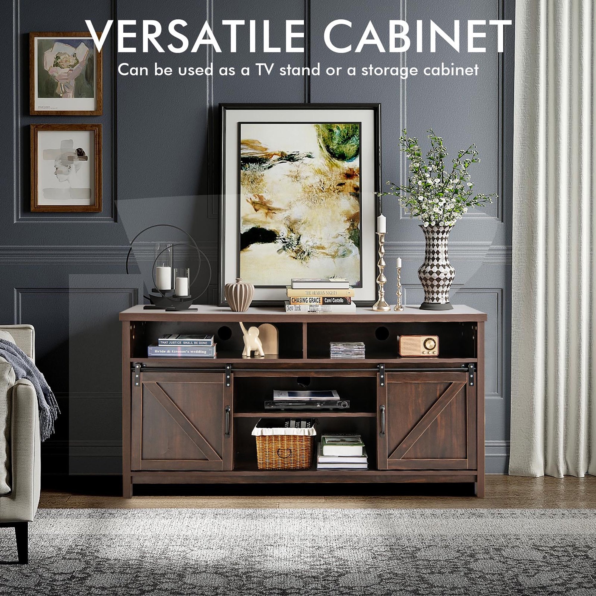 SUGIFT 59 Inch TV Stand with Sliding Double Barn Door for TVs up to 65 Inch Brown