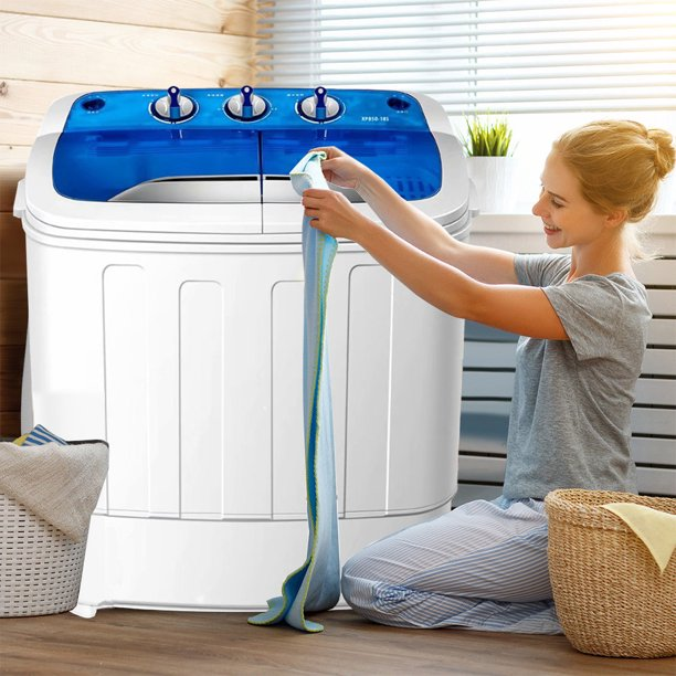 SUGIFT Portable Compact Washing Machine, 2 in 1 Mini Twin Tub Washing Machine, 13lbs Capacity Washer & Spinner, Gravity Drain Pump and Drain Hose
