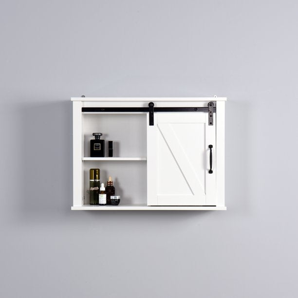 SUGIFT Wall Cabinet Wooden Storage Cabinet with a Barn Door 2 Adjustable Shelves Bathroom Living Room Bedroom 27.16x7.8x19.68 inch