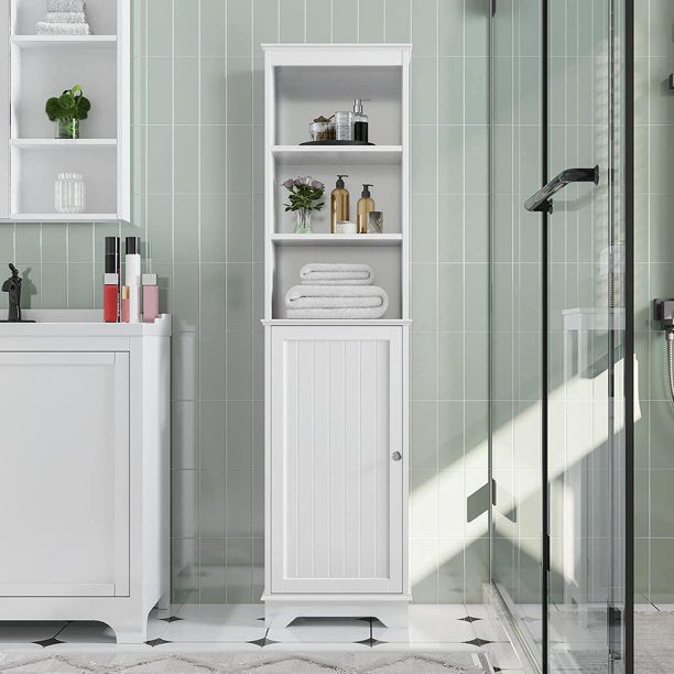 SUGIFT Tall Slim Cabinet with 3 Shelves & Door, Floor Freestanding Linen Cabinet for Bathroom, Living Room