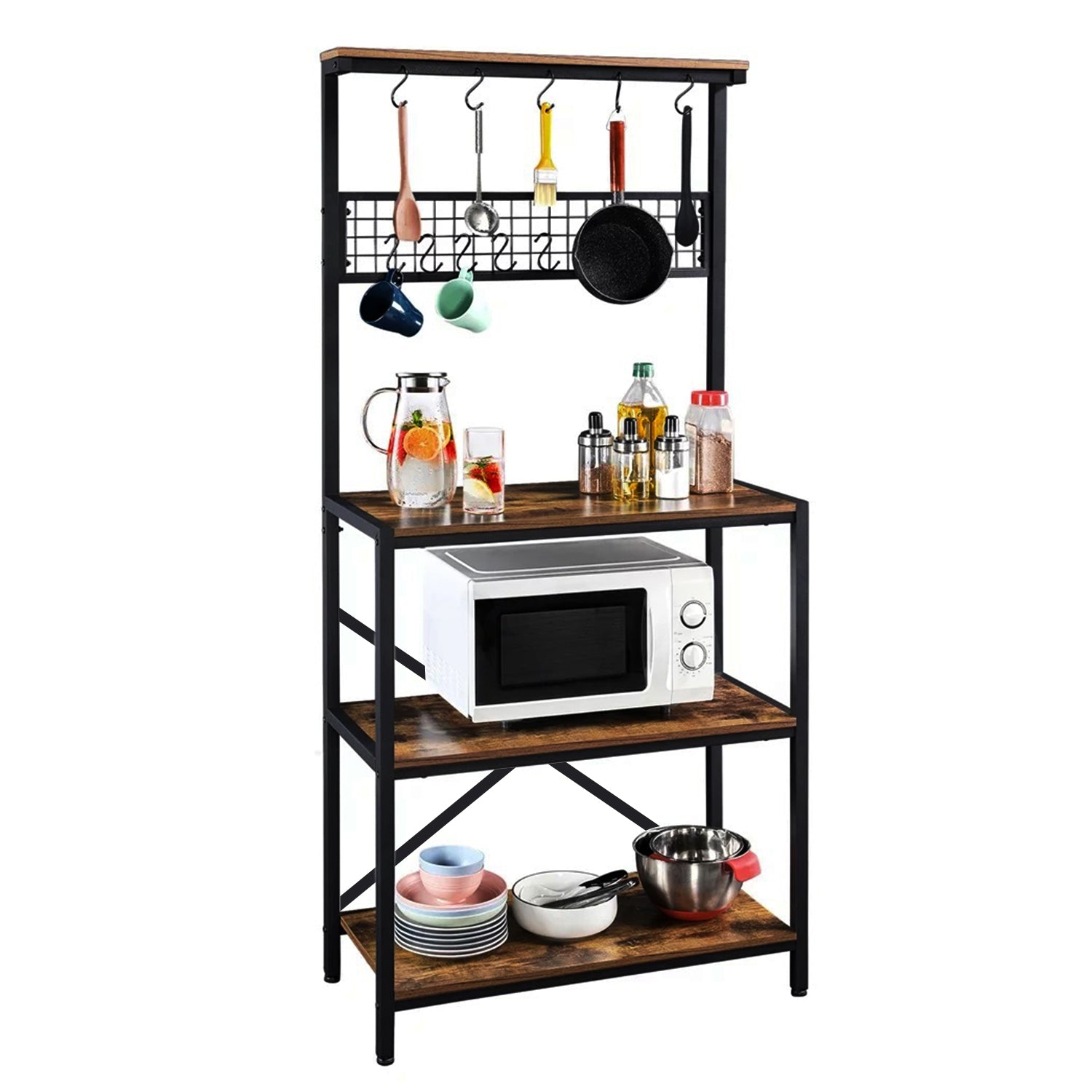 SUGIFT Bakers Rack for Kitchen, 4 Tier Microwave Stand with Storage, Multifunctional Baker's Rack with 8 Hooks, Wooden Kitchen Storage Shelf
