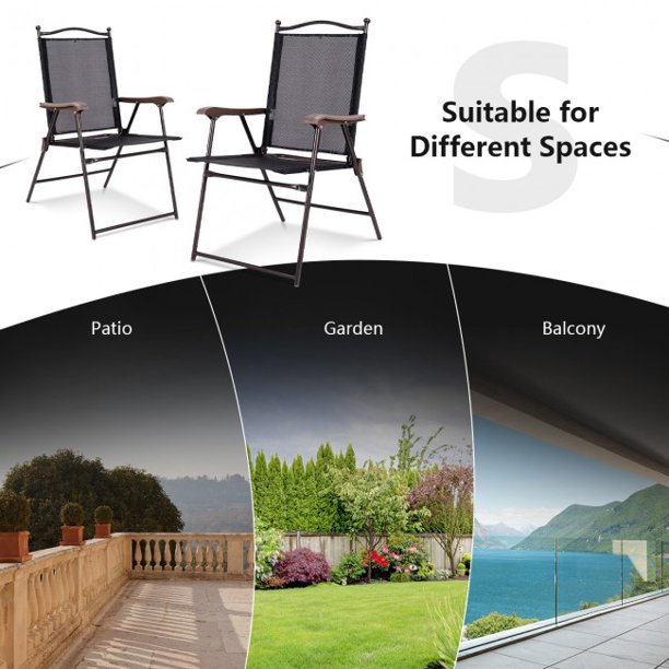 2 Pieces Patio Folding Portable Sling Back Camping Deck Chairs Black