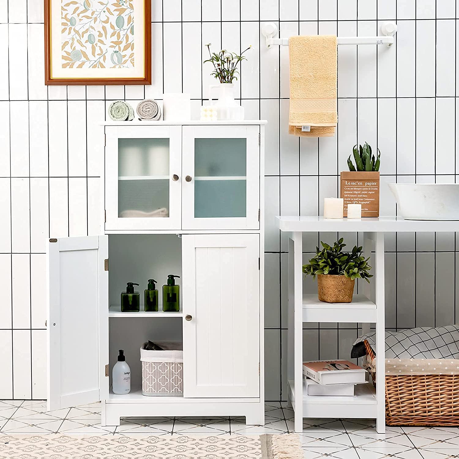 SUGIFT Bathroom Floor Cabinet, Freestanding Storage Cabinet w/Glass Doors