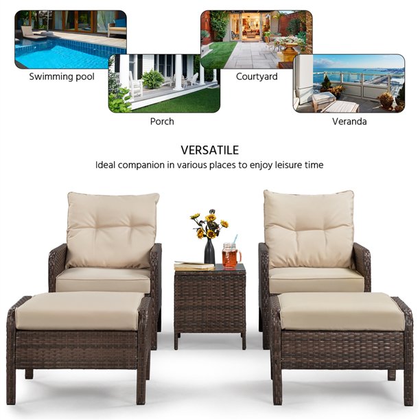 SUGIFT 5-Pieces Outdoor Rattan Wicker Conversation Patio Furniture Set with Ottoman and Coffee Table, Brown