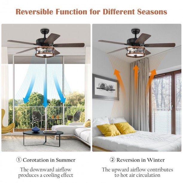 52 Inch Retro Ceiling Fan Lamp with Glass Shade Reversible Blade Remote Control