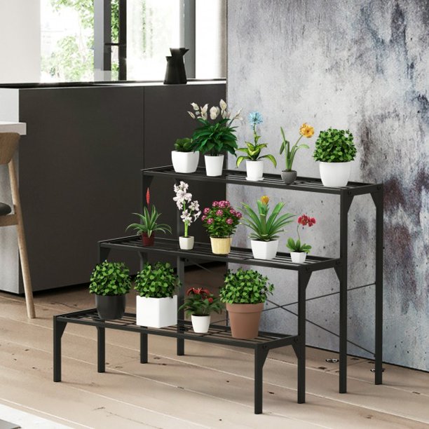 SUGIFT 3 Tier Plant Storage Outdoor Metal Heavy Duty Modern for Multiple Plant Display Stand Rack