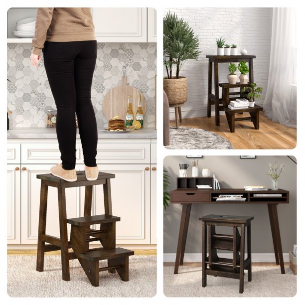 3-in-1 Rubber Wood Step Stool with Convenient Handle Brown