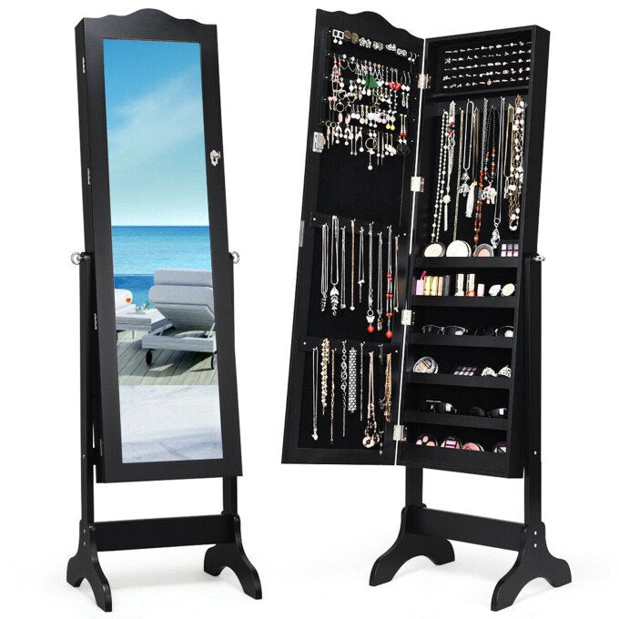 SUGIFT Mirrored Jewelry Cabinet Mirror Organizer Storage Box Stand Black