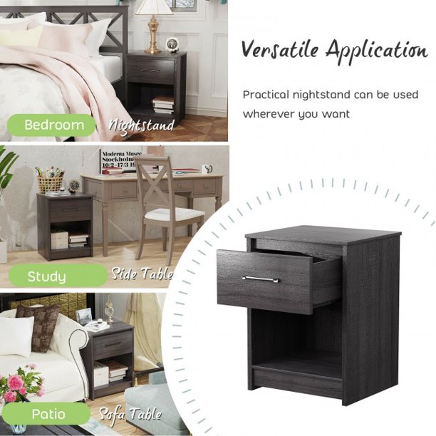 2-Tiers Wooden End Side Table Nightstand with Drawer Storage Shelf Black