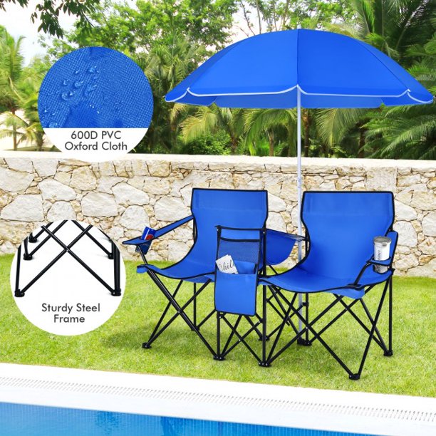 Portable Folding Double Chair With Umbrella Picnic Fishing Camping Beach