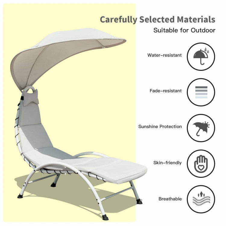 Metal Outdoor Patio Chaise Lounger Chair with Beige Canopy and Cushions