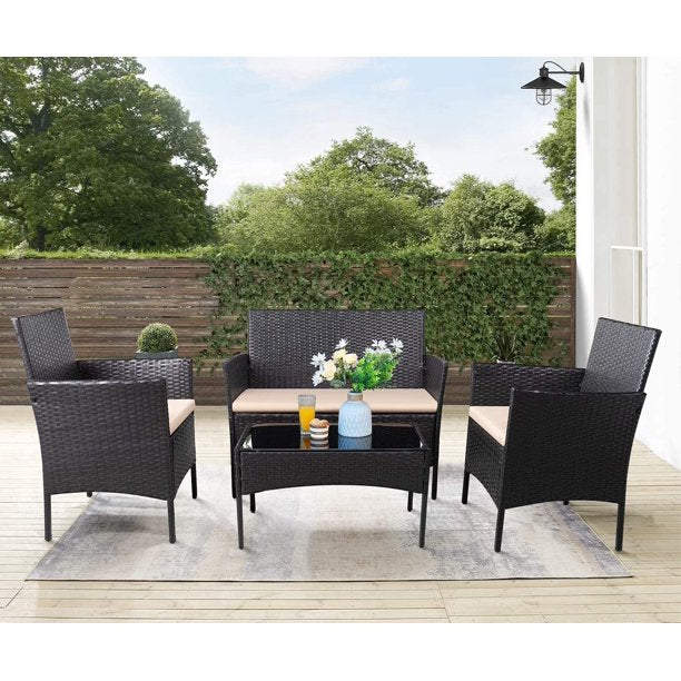 SUGIFT 4 Pieces Patio Porch Furniture Sets PE Rattan Wicker Chairs Beige Cushion with Table Outdoor Garden Patio Furniture Sets (Black)