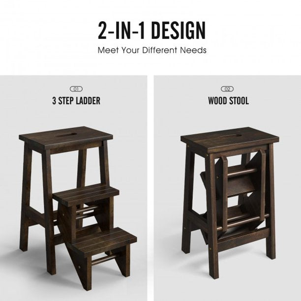 3-in-1 Rubber Wood Step Stool with Convenient Handle Brown