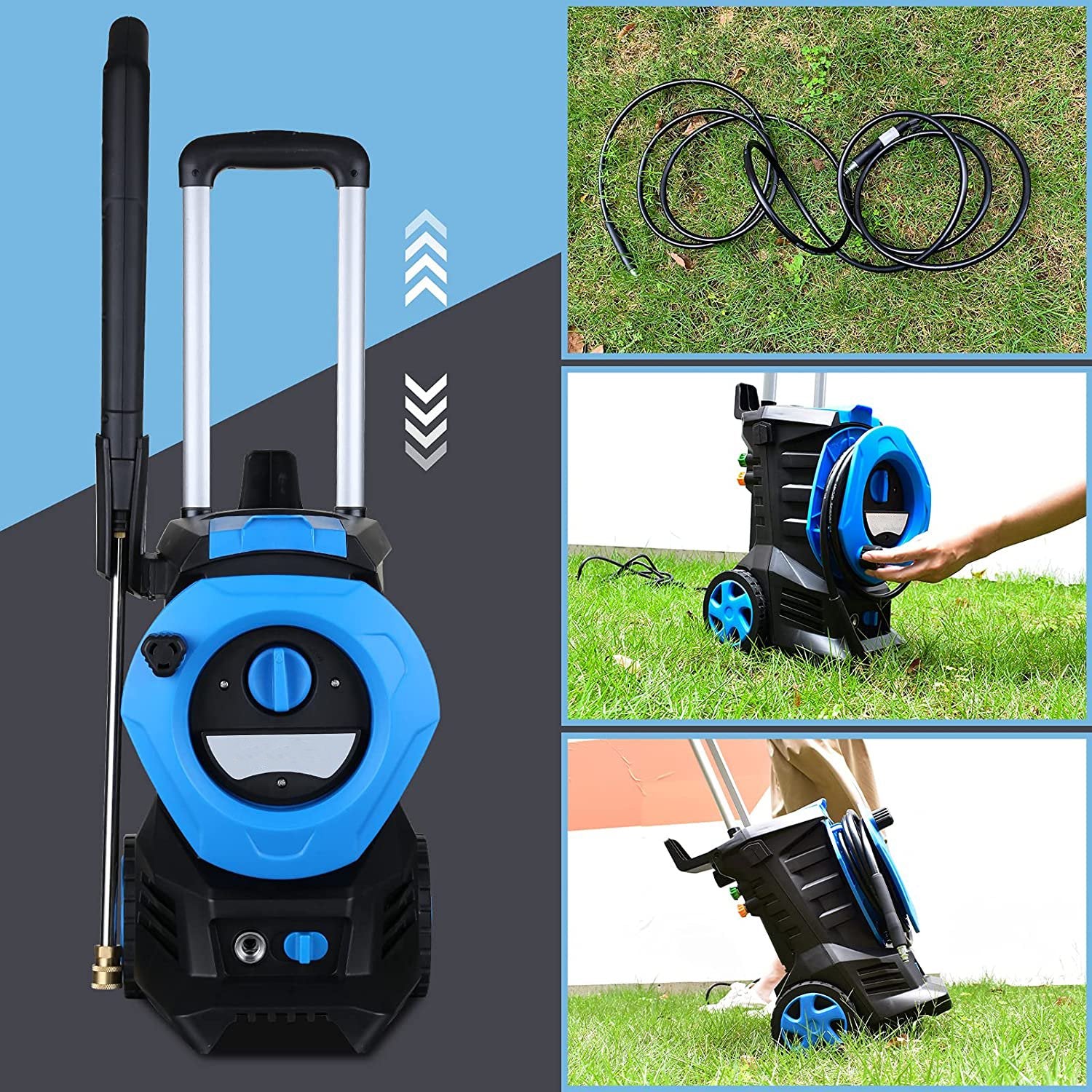 SUGIFT 3300PSI Electric Pressure Washer High Power Pressure with 4 Nozzles  Foam Cannon and Hose Reel 