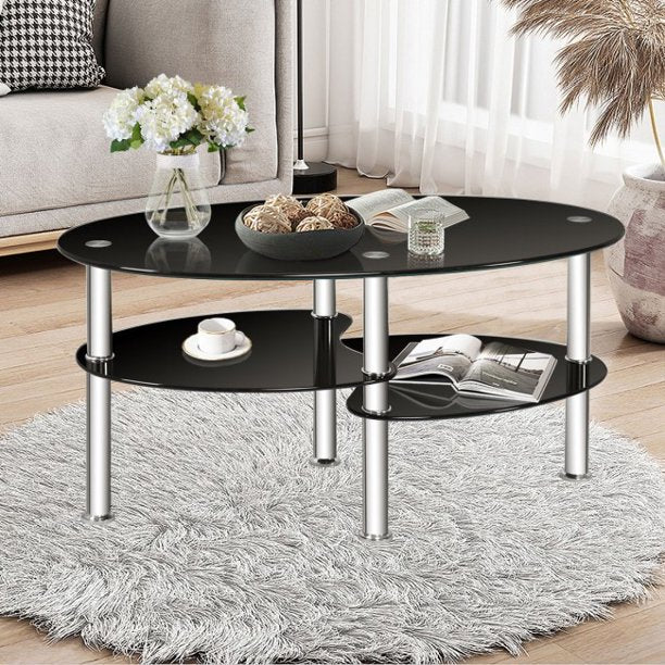 Tempered Glass Coffee Table Oval Side Desk Modern End Table