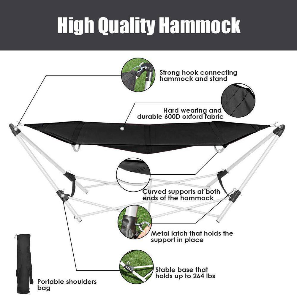 7.9 ft. Outdoor Portable Folding Steel Frame Hammock Bed with Bag in Black