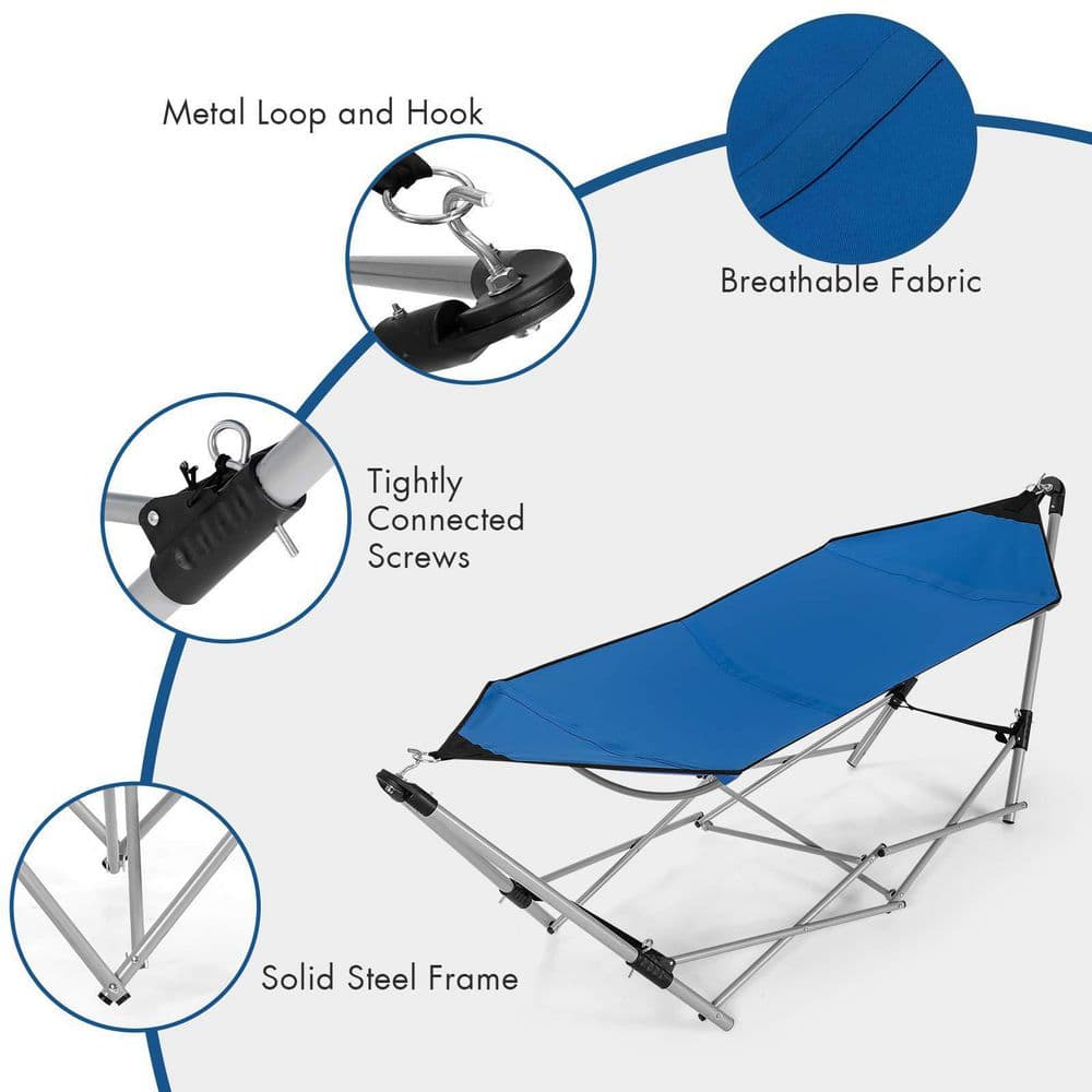 7.9 ft. Outdoor Portable Folding Steel Frame Hammock Bed with Bag in Blue