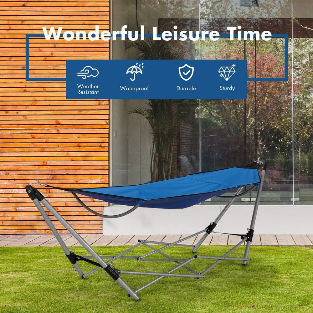 7.9 ft. Outdoor Portable Folding Steel Frame Hammock Bed with Bag in Blue