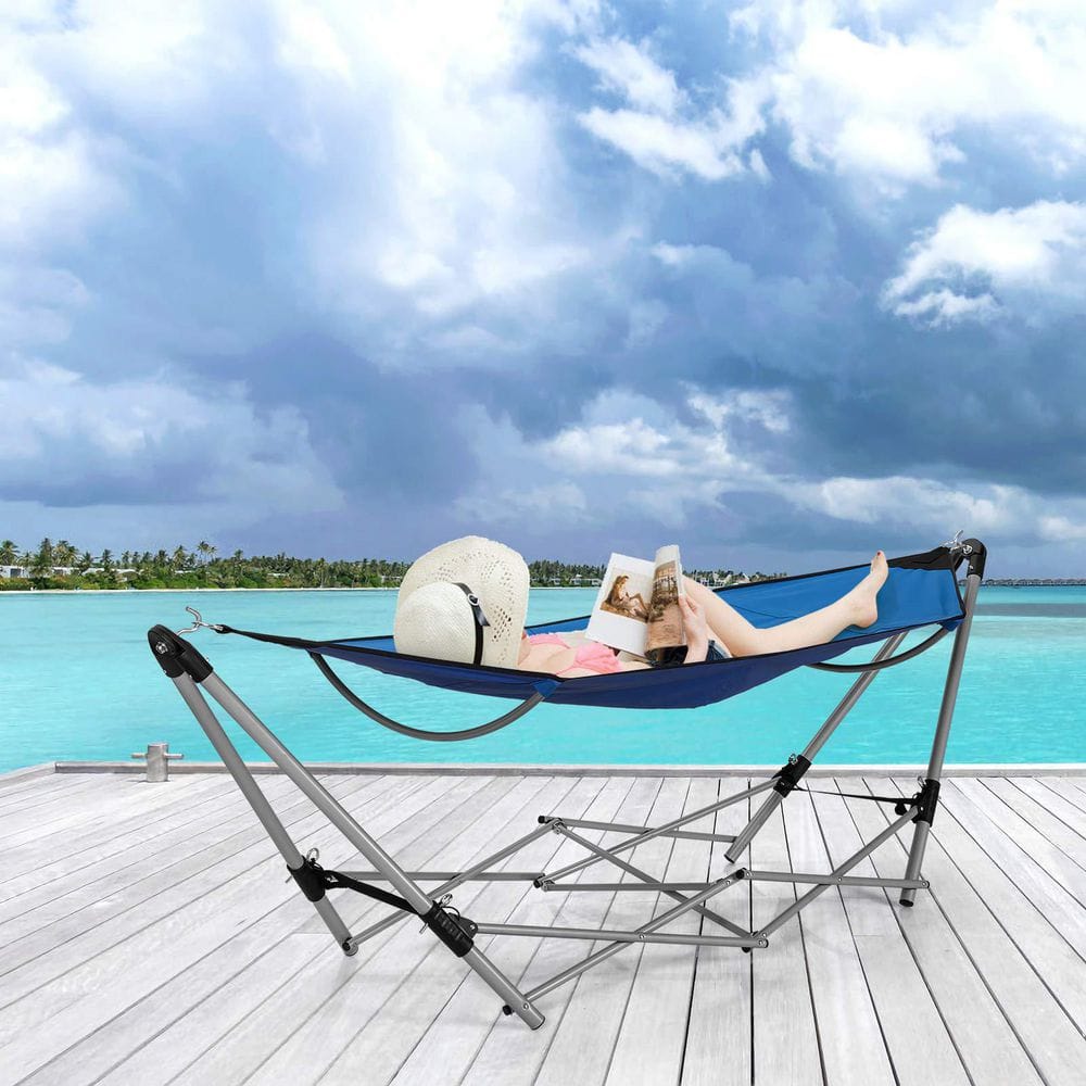7.9 ft. Outdoor Portable Folding Steel Frame Hammock Bed with Bag in Blue