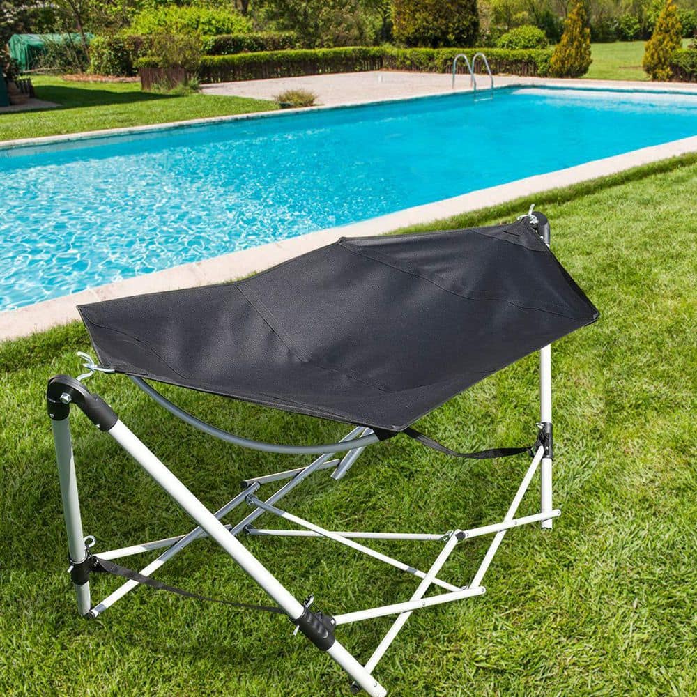 7.9 ft. Outdoor Portable Folding Steel Frame Hammock Bed with Bag in Black
