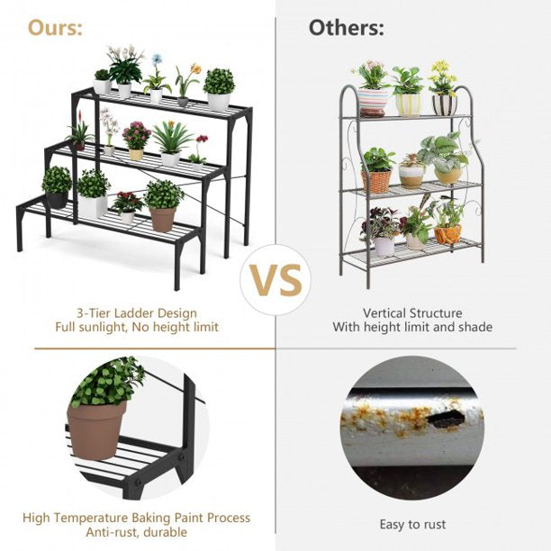 SUGIFT 3 Tier Plant Storage Outdoor Metal Heavy Duty Modern for Multiple Plant Display Stand Rack