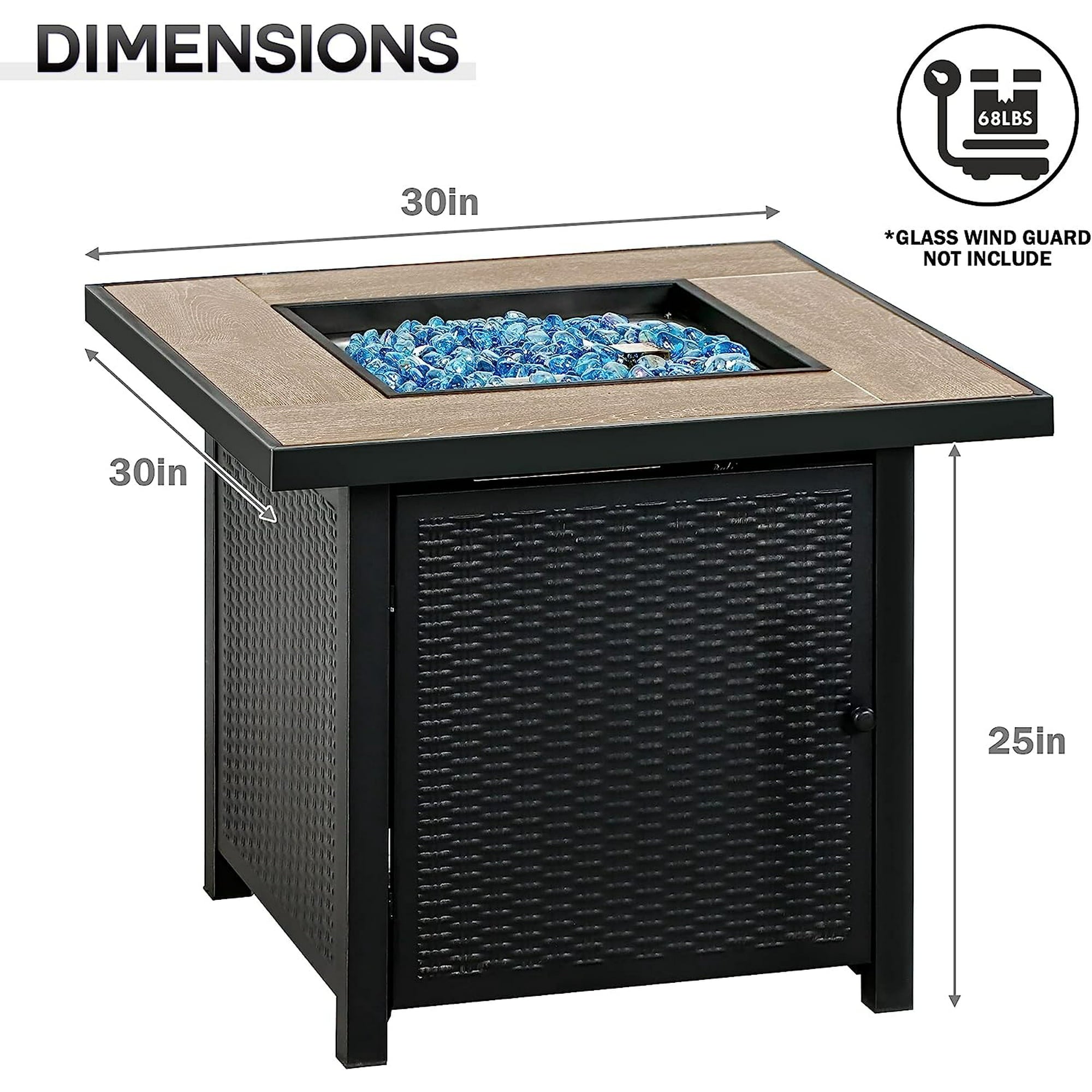 Propane Gas Fire Pit Table 30 inch 50000 BTU Square Gas Firepits