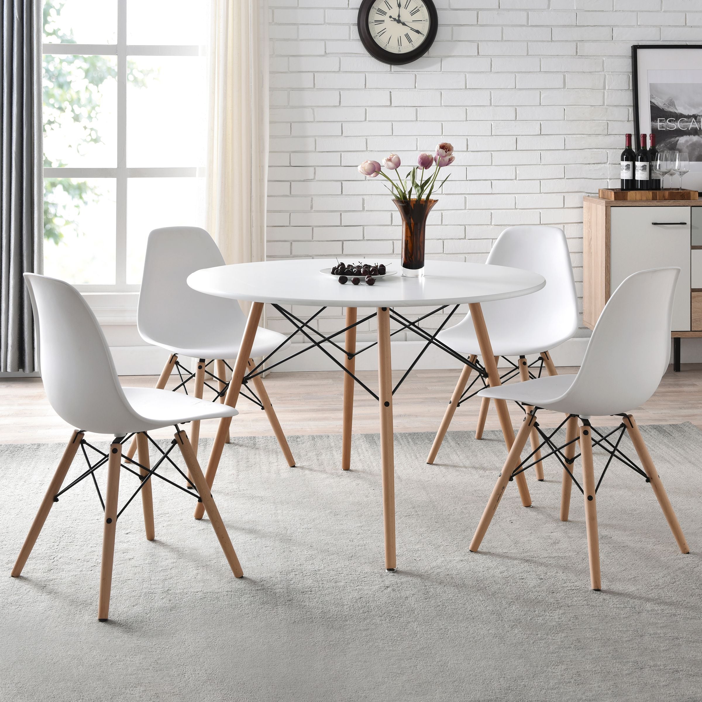 Set of 4 Mid Century Modern Dining Chairs w/ Wood Legs, Molded Plastic Shell - White