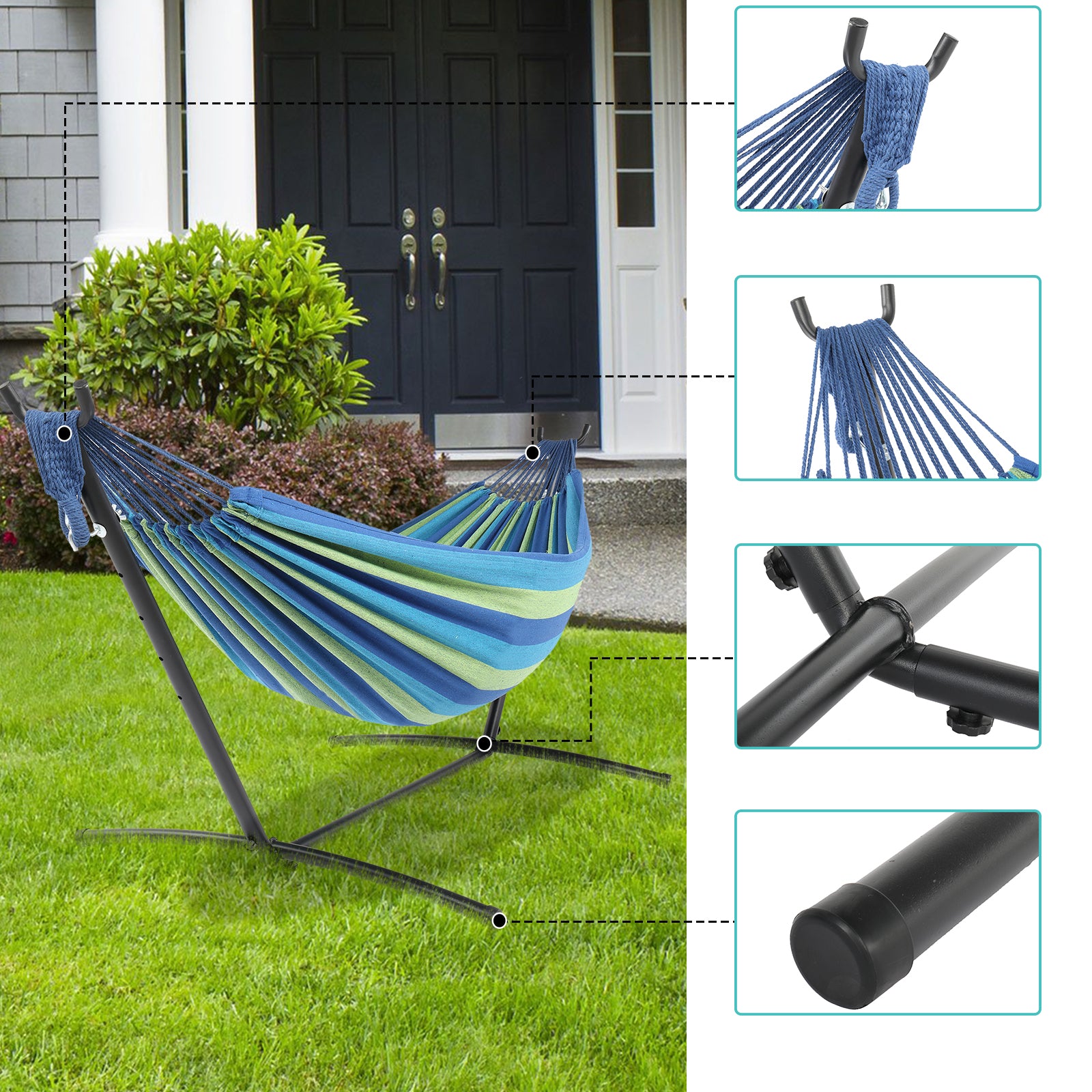 SUGIFT 9 ft Hammock Set, Black Steel Tube Hammock Frame, with 78.7 x 59 inches Polyester-Cotton Small Color Striped Hammock