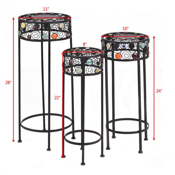 SUGIFT Plant Stand Storage 3 Pieces Round Display Ceramic Beads Metal Plant Stand