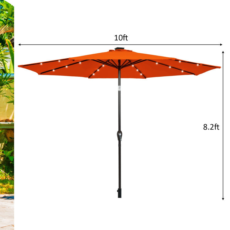 10 ft. Metal Market Solar Tilt Patio Umbrella in Orange with Crank and LED Lights