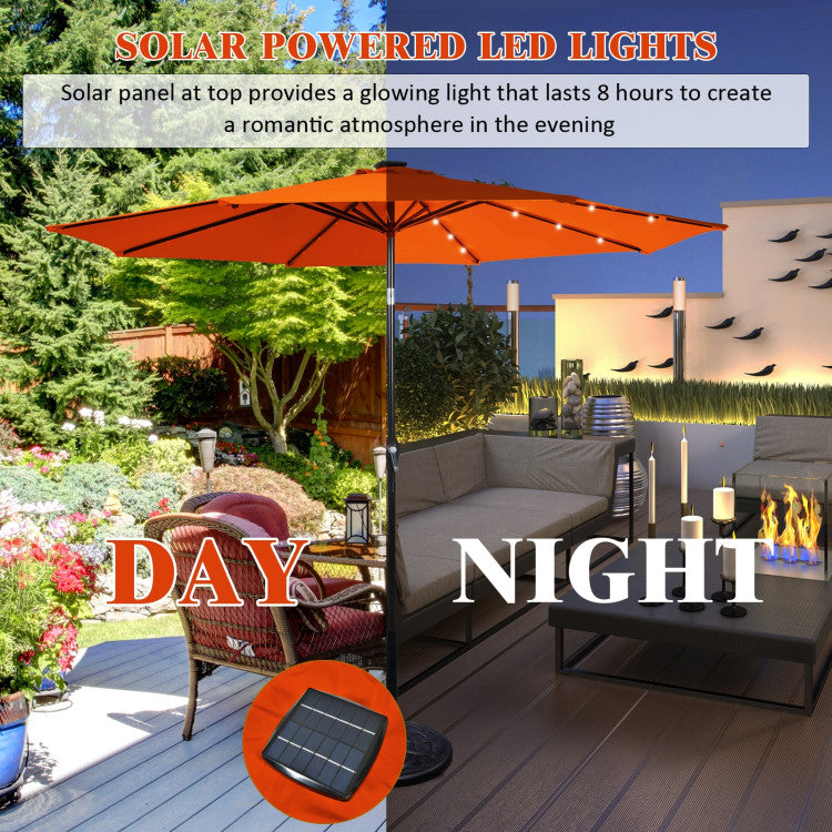 10 ft. Metal Market Solar Tilt Patio Umbrella in Orange with Crank and LED Lights