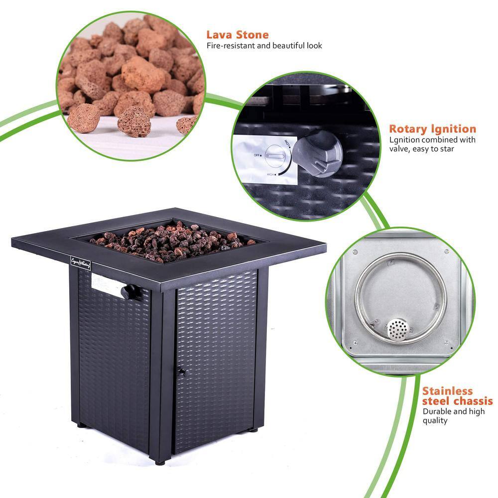 28 in. W Black Square Weather Resistant Steel Outdoor Gas Propane Fire Pit Table with 50000 BTU Burner