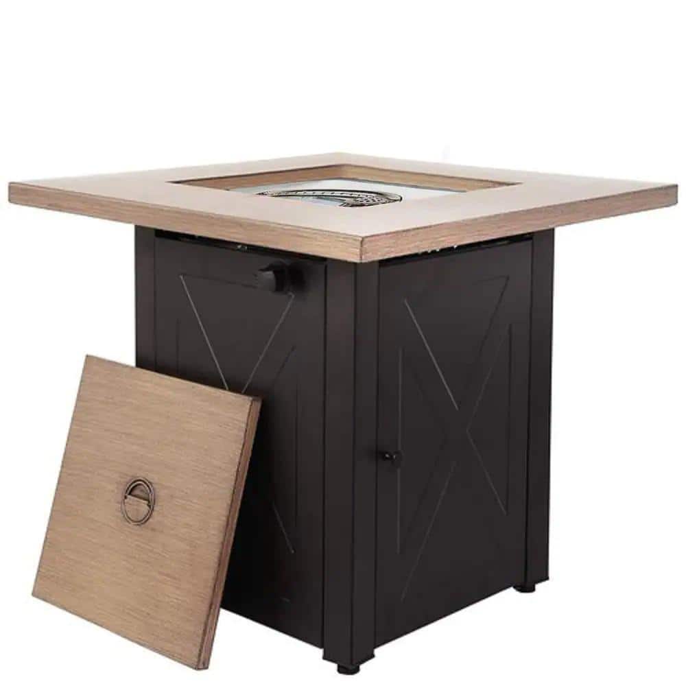 24 in. W Brown Metal Outdoor Gas Fire Pit Table with Square Bionic Grain Lid and 48000 BTU