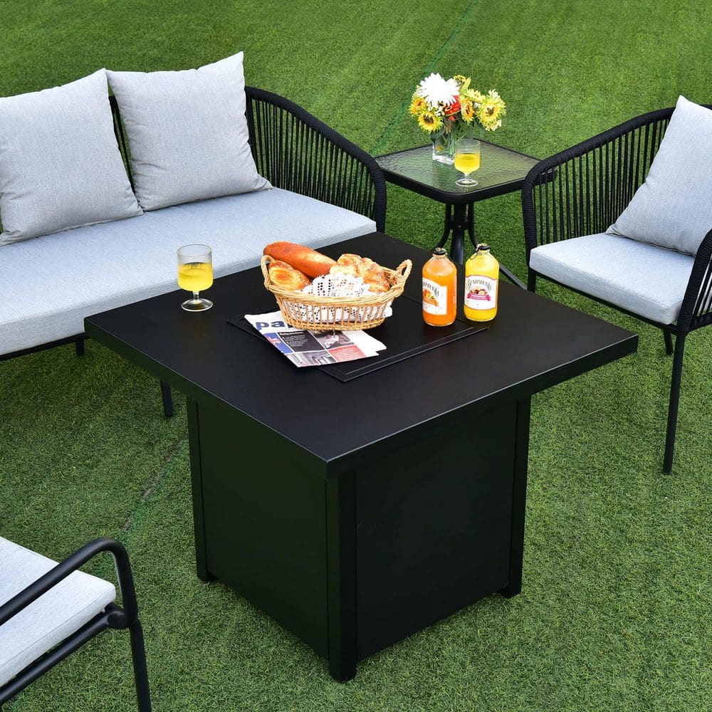 32 in. Steel Propane Fire Pit Table with Lid and Fire Glass