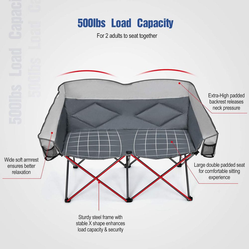 Gray Moon Folding Camping Chair Double Loveseat Heavy-Duty Saucer Chair