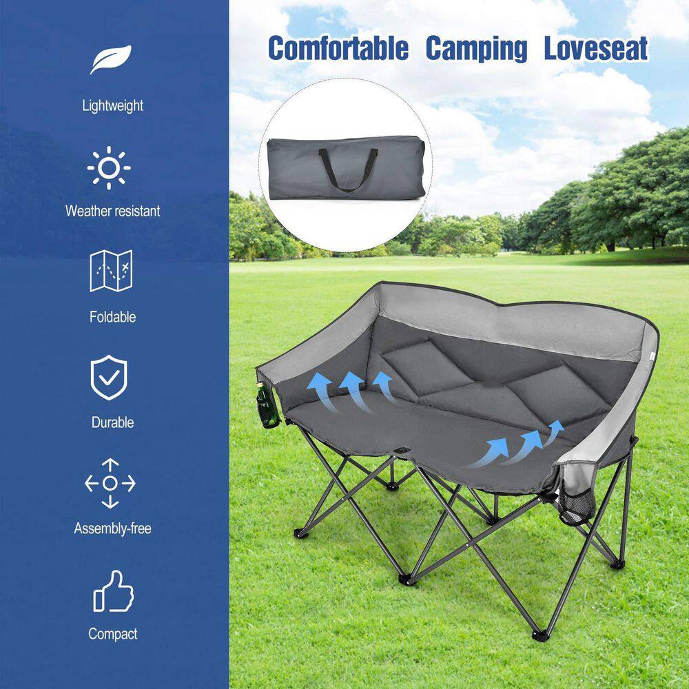 Gray Moon Folding Camping Chair Double Loveseat Heavy-Duty Saucer Chair