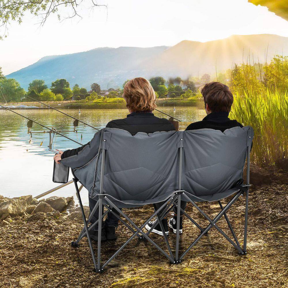Gray Moon Folding Camping Chair Double Loveseat Heavy-Duty Saucer Chair