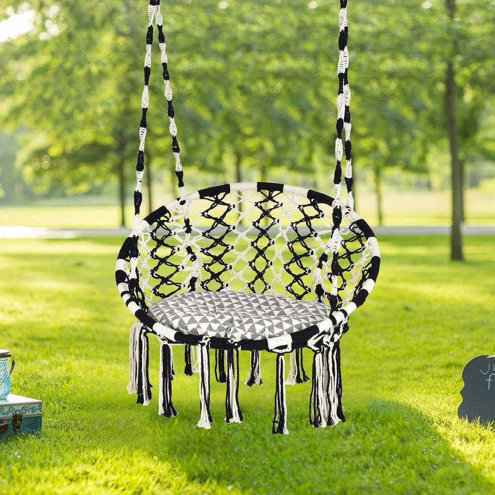 2.7 ft. Portable Hanging Hammock Chair with Cushion in Black and White