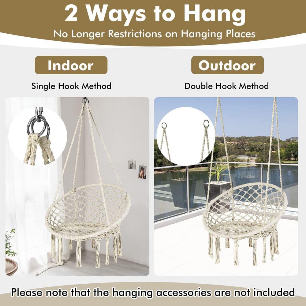 60 in. Indoor/Outdoor Macrame Hammock Chair LED Lights Hanging Swing Chair
