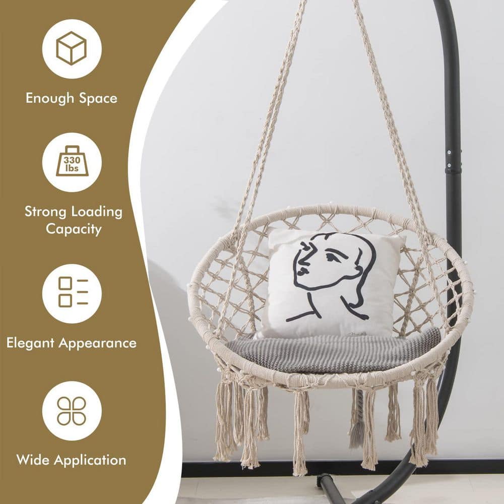 60 in. Indoor/Outdoor Macrame Hammock Chair LED Lights Hanging Swing Chair