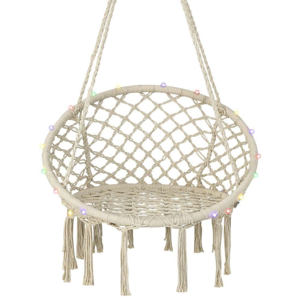 60 in. Indoor/Outdoor Macrame Hammock Chair LED Lights Hanging Swing Chair
