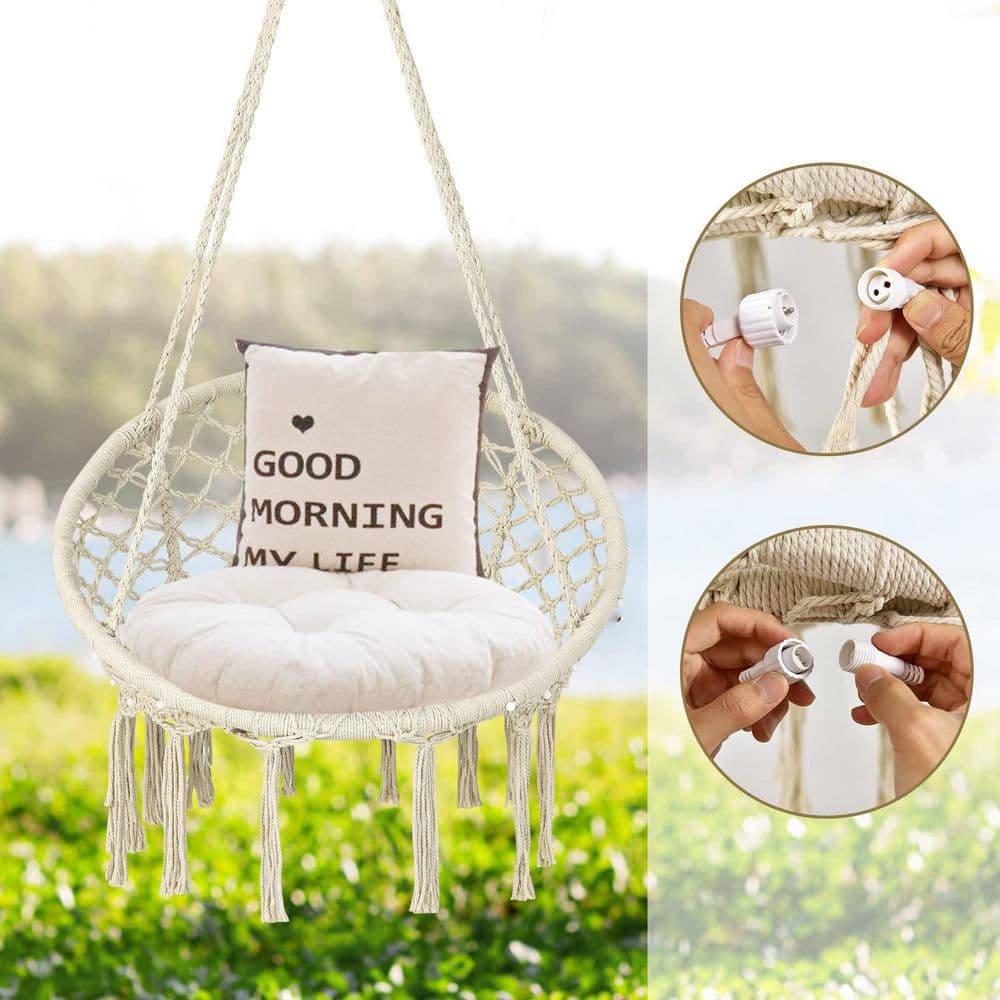 60 in. Indoor/Outdoor Macrame Hammock Chair LED Lights Hanging Swing Chair