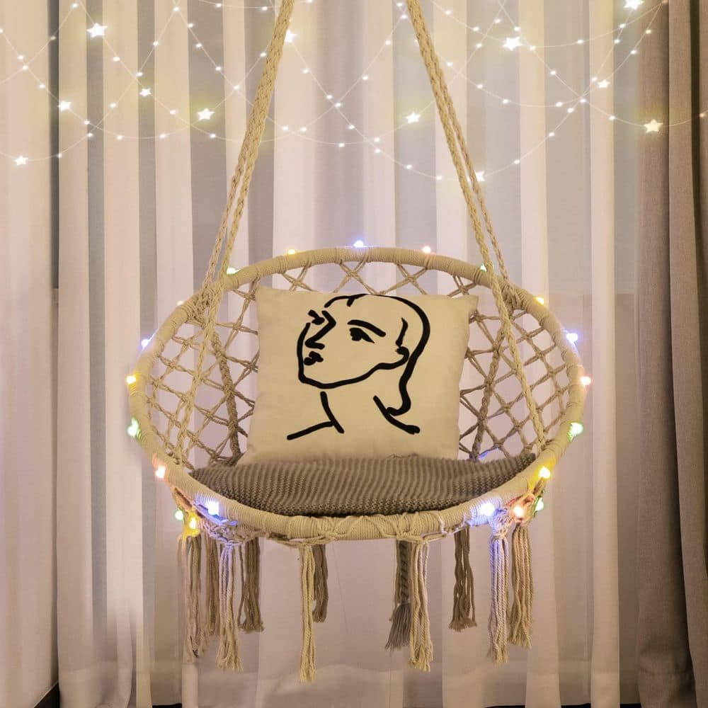 60 in. Indoor/Outdoor Macrame Hammock Chair LED Lights Hanging Swing Chair