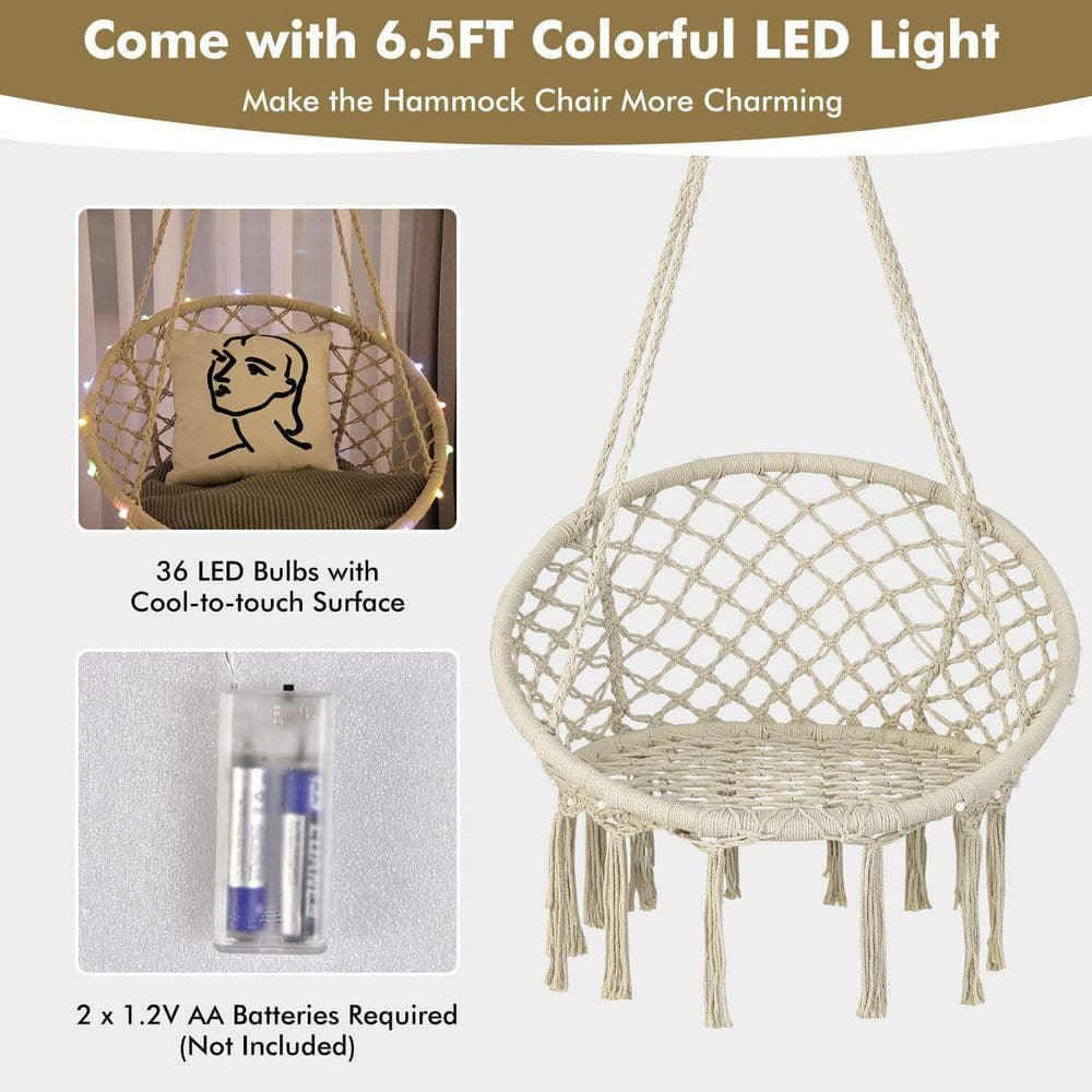 60 in. Indoor/Outdoor Macrame Hammock Chair LED Lights Hanging Swing Chair